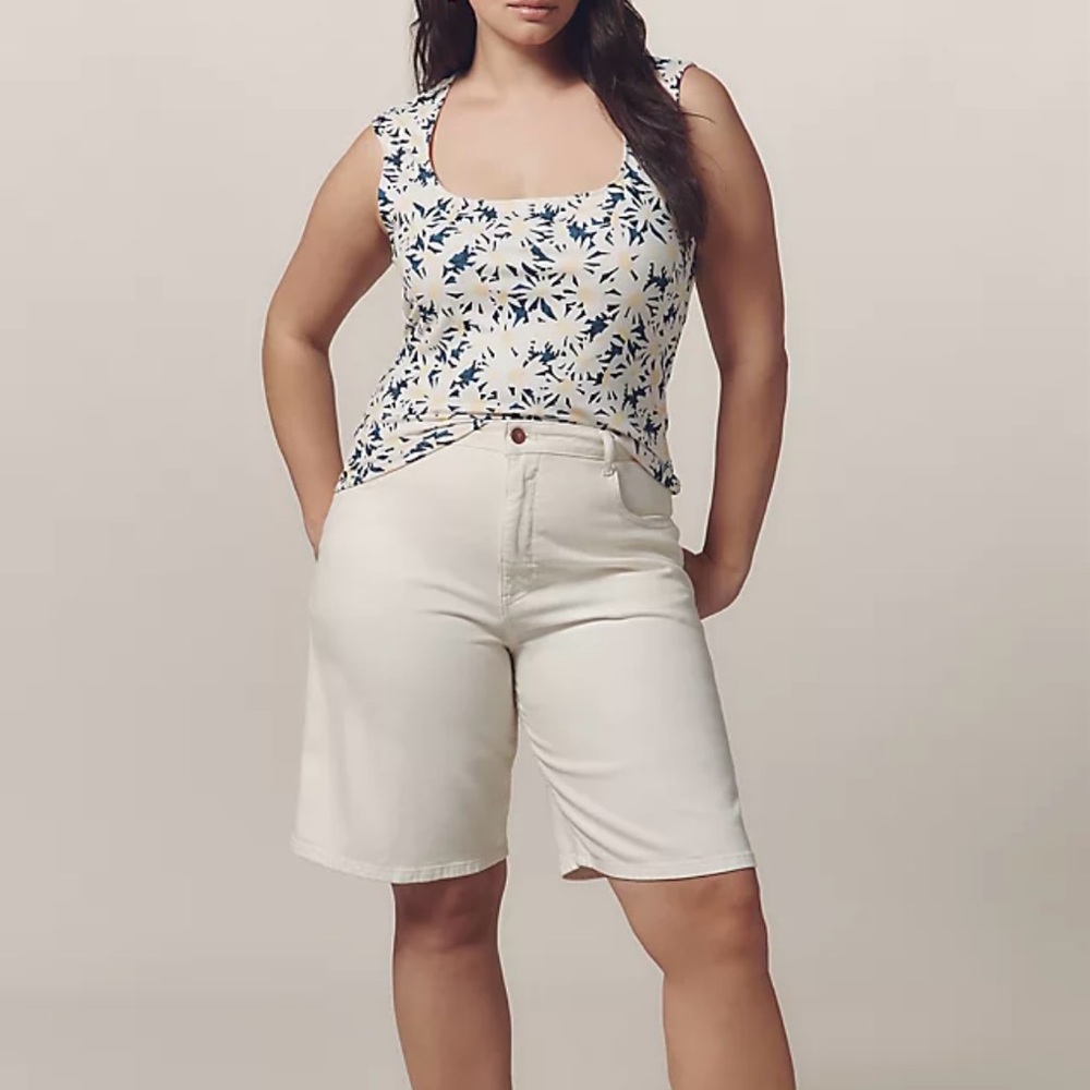 BNWT New Anthropologie Maeve Cap-Sleeve Cut-In Knit Top In Blue Pattern Size 1X
